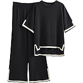 Tanming Sweater Sets Women 2 Piece Lounge Sets Short Sleeve Knit Pullover Tops Wide Leg Pants