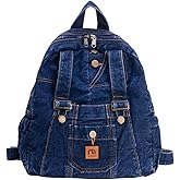 Denim Backpack for Women Vintage Y2K Grunge Style Lightweight Canvas Rucksack Purse Daypack Aesthetic Cute Travel Jeans Bag (【Deep Blue】)