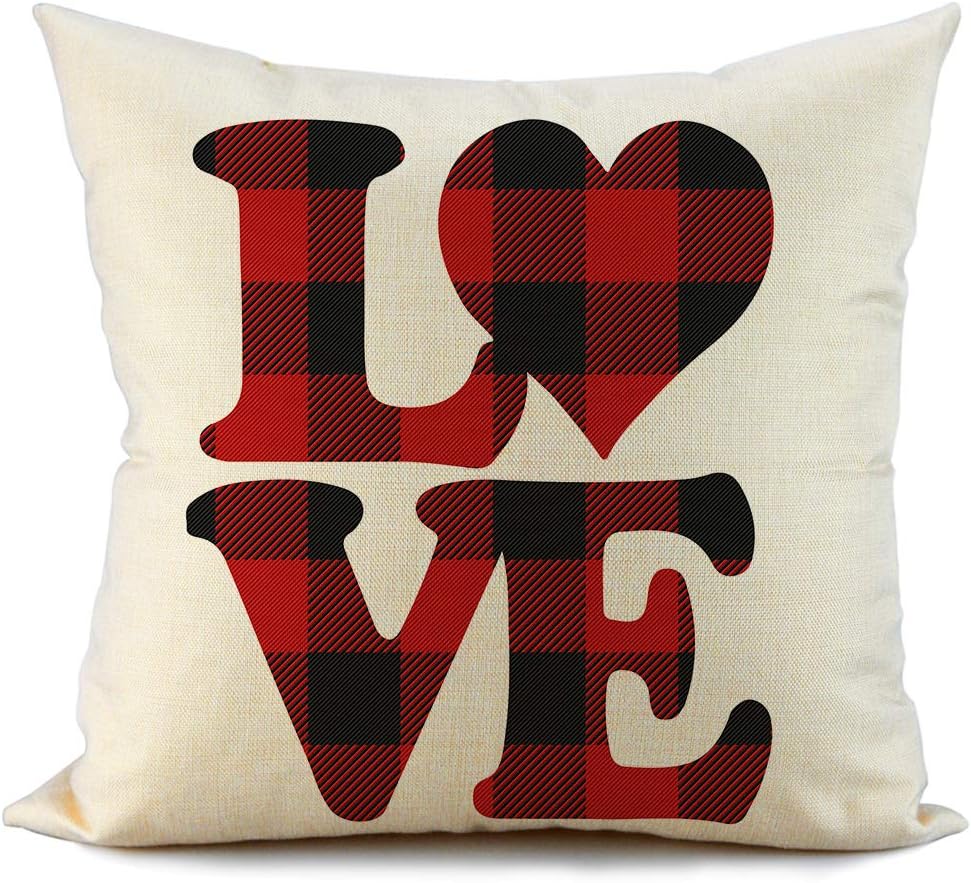 FIBEROMANCE Valentines Red and Black Buffalo Check Plaid Love Pillow Covers Decorative Cushion Case for Sofa Couch Bedroom Spring Home Decor Cotton Pillowcase 18 x 18 Inch