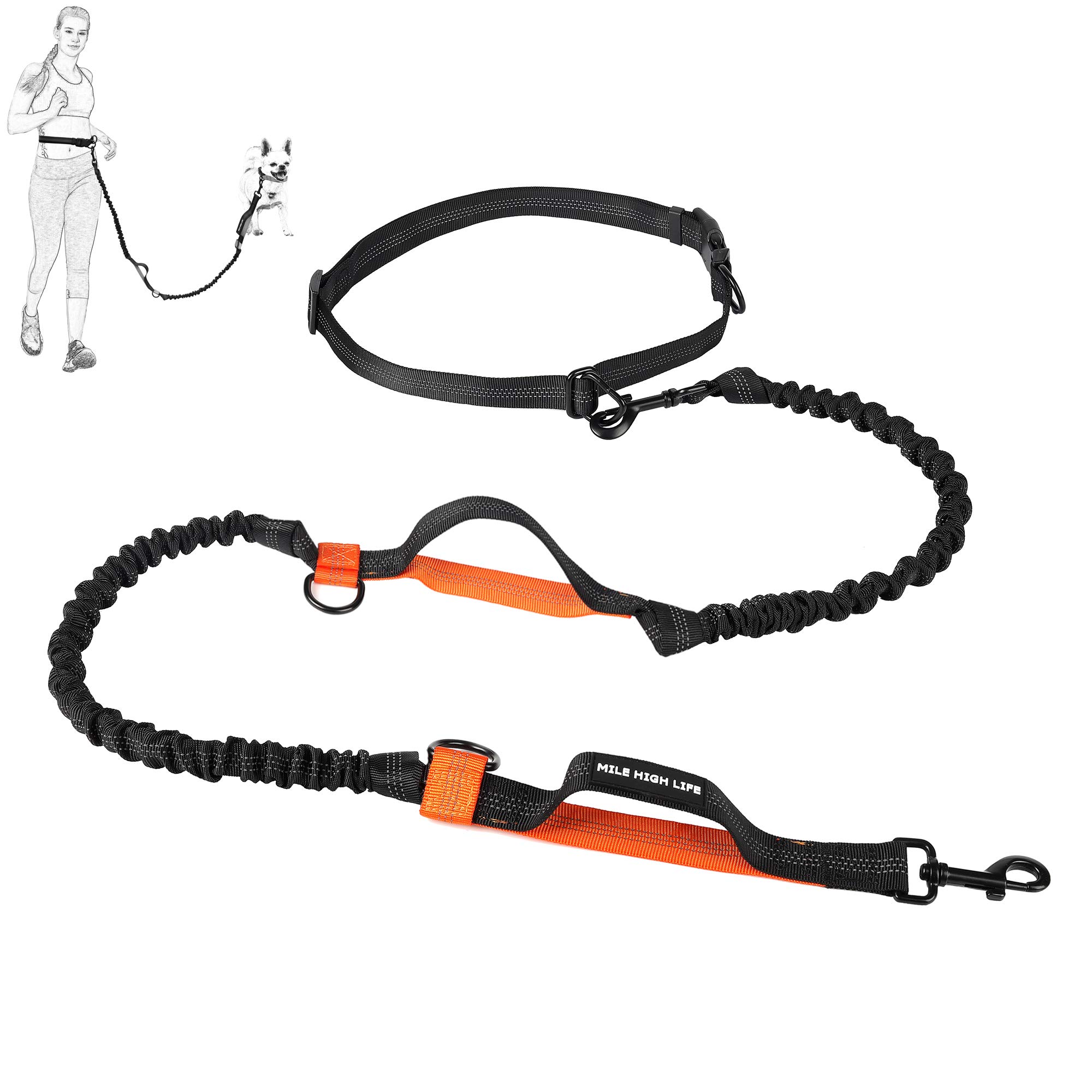 Mile High Life | Retractable Hands Free Dog Leash | Waist Running Adjustable | Reflective Dual Bungees | Dual Handles | Small Medium Large Dogs | (Orange)