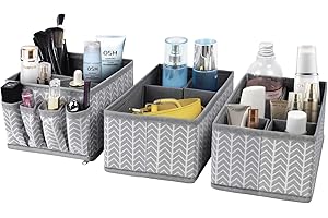 VERONLY Cosmetic Storage Bins Makeup Organizer, Adjustable Multifunction Storage Box Desk Drawer Divider for Makeup Brushes, Bathroom Countertop or Dresser, Set of 3 (Grey)