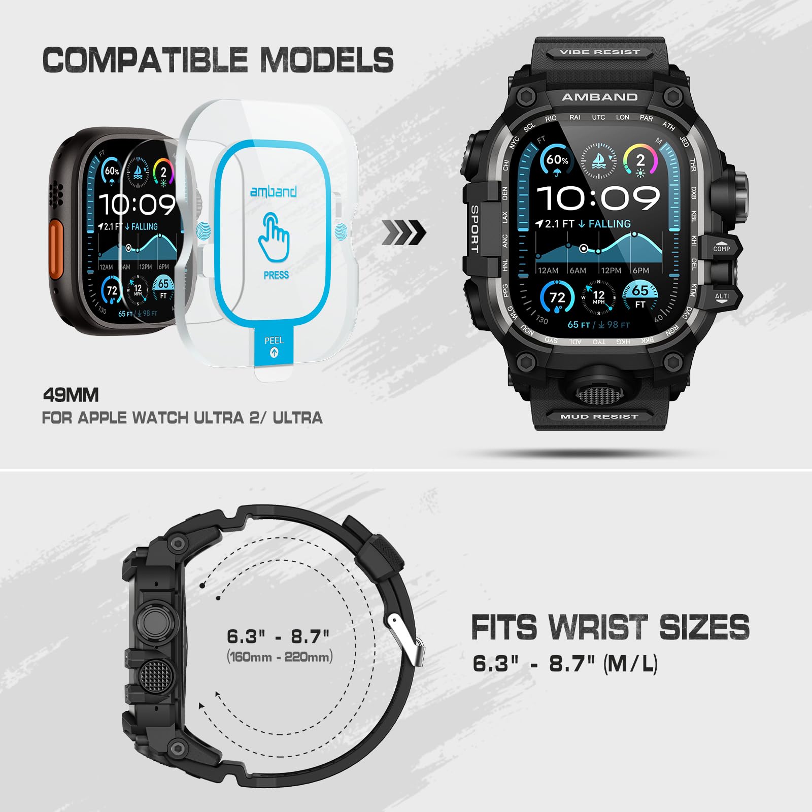 amBand Rugged Case with Band for Apple Watch Ultra 3/2/1 49mm, M3 Military Grade Shockproof Cover, Includes Screen Protector Kit, Tactical Band for Men - Compatible with iWatch Ultra, Matte Black