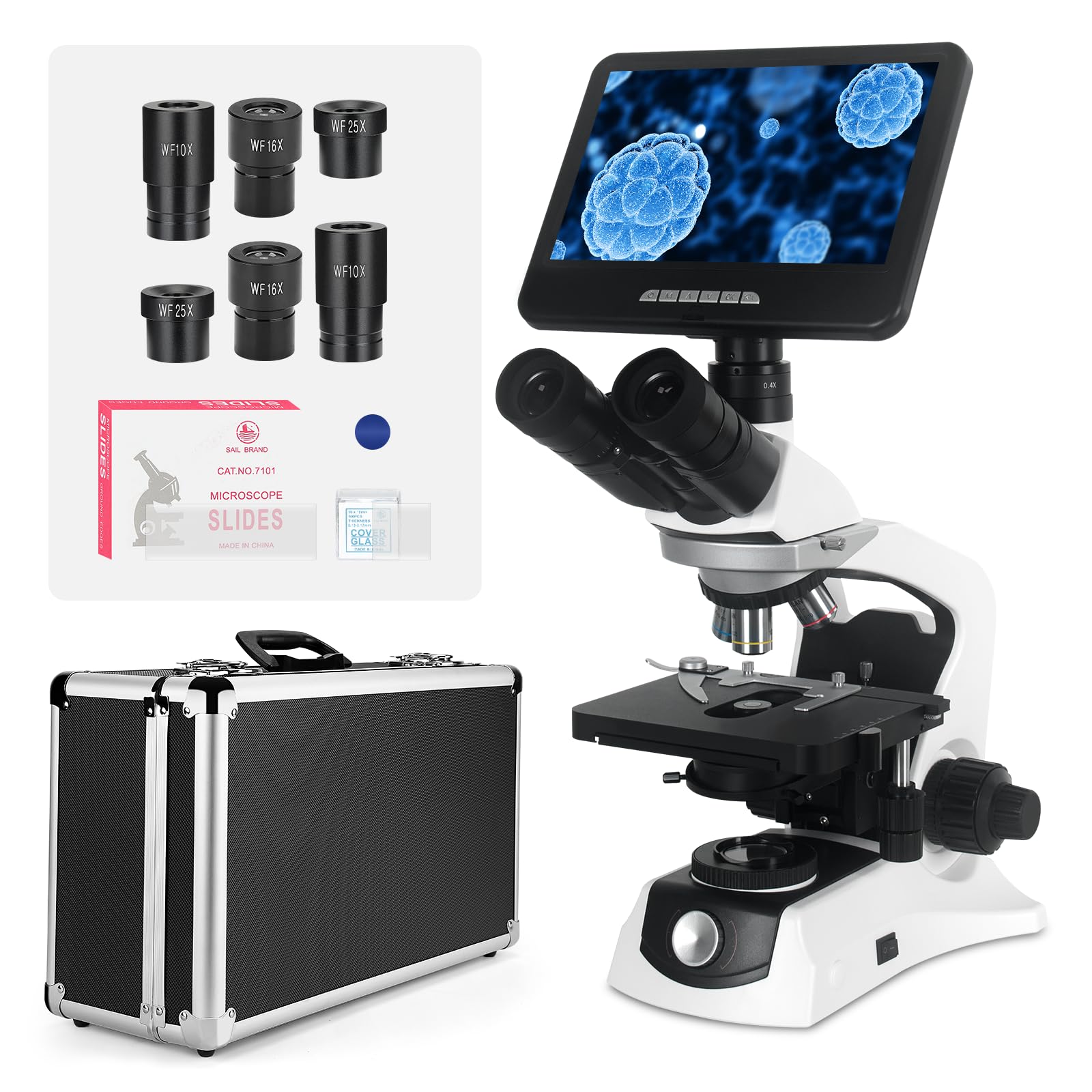 Photo 1 of [Infinity-Corrected] Trinocular Compound Microscope with 10" 24MP Monitor, 40-1000X Magnification, Infinity Achromatic Objectives FL10X Eyepieces,Large Mechanical Stage, One-click taking photo & video