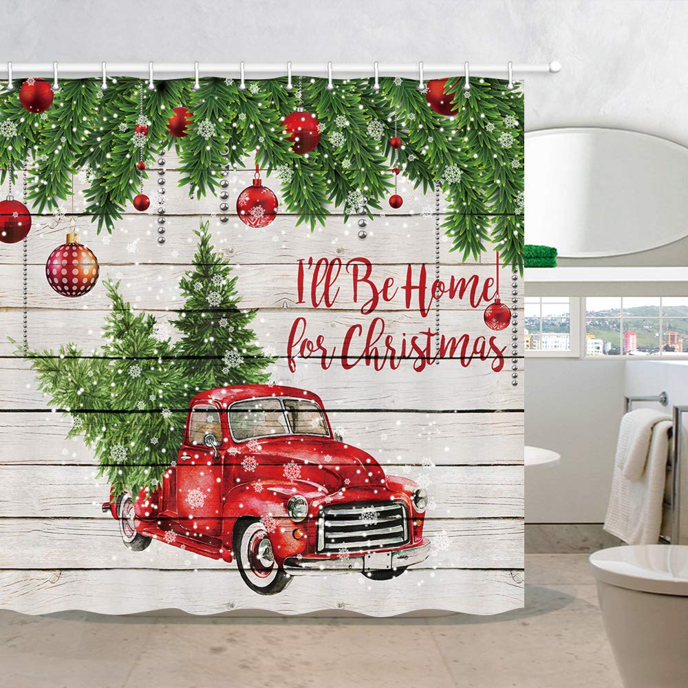 69x70 Inches Red Truck Green Pine Tree Holiday On Farm Bathroom Curtains Jawo Farmhouse Shower Curtains For Bathroom Shower Curtains Shower Curtains Hooks Liners