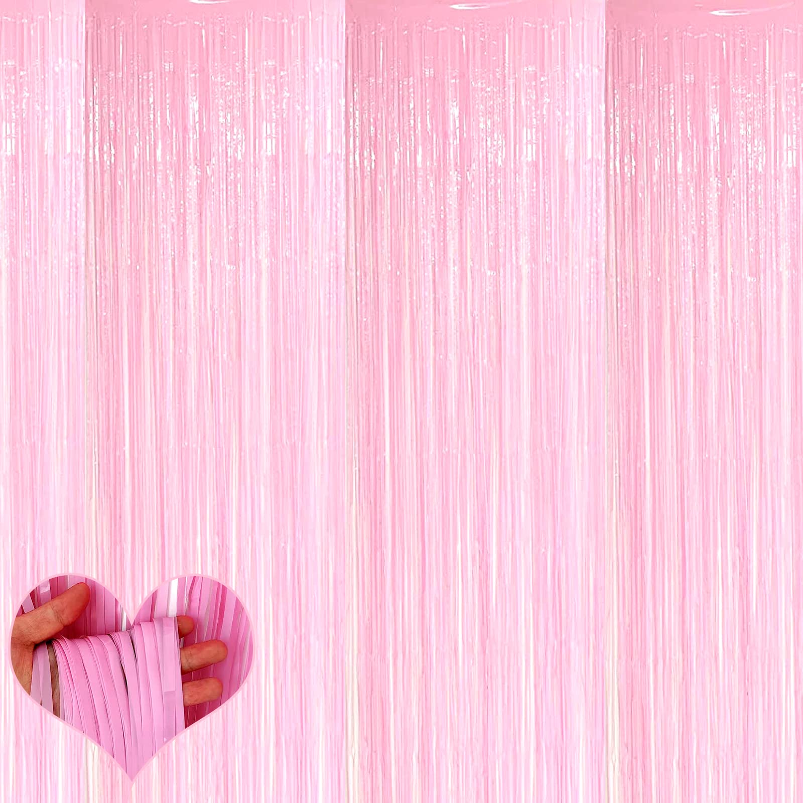 Photo 1 of 4 Pack Fringe Curtain Backdrop, 3.2Ft x 9.8Ft Pink Metallic Tinsel Foil Fringe Streamers Background for Photo Booth Birthday Wedding Baby Shower Carnival Easter Mother’s Day Party Decorations
