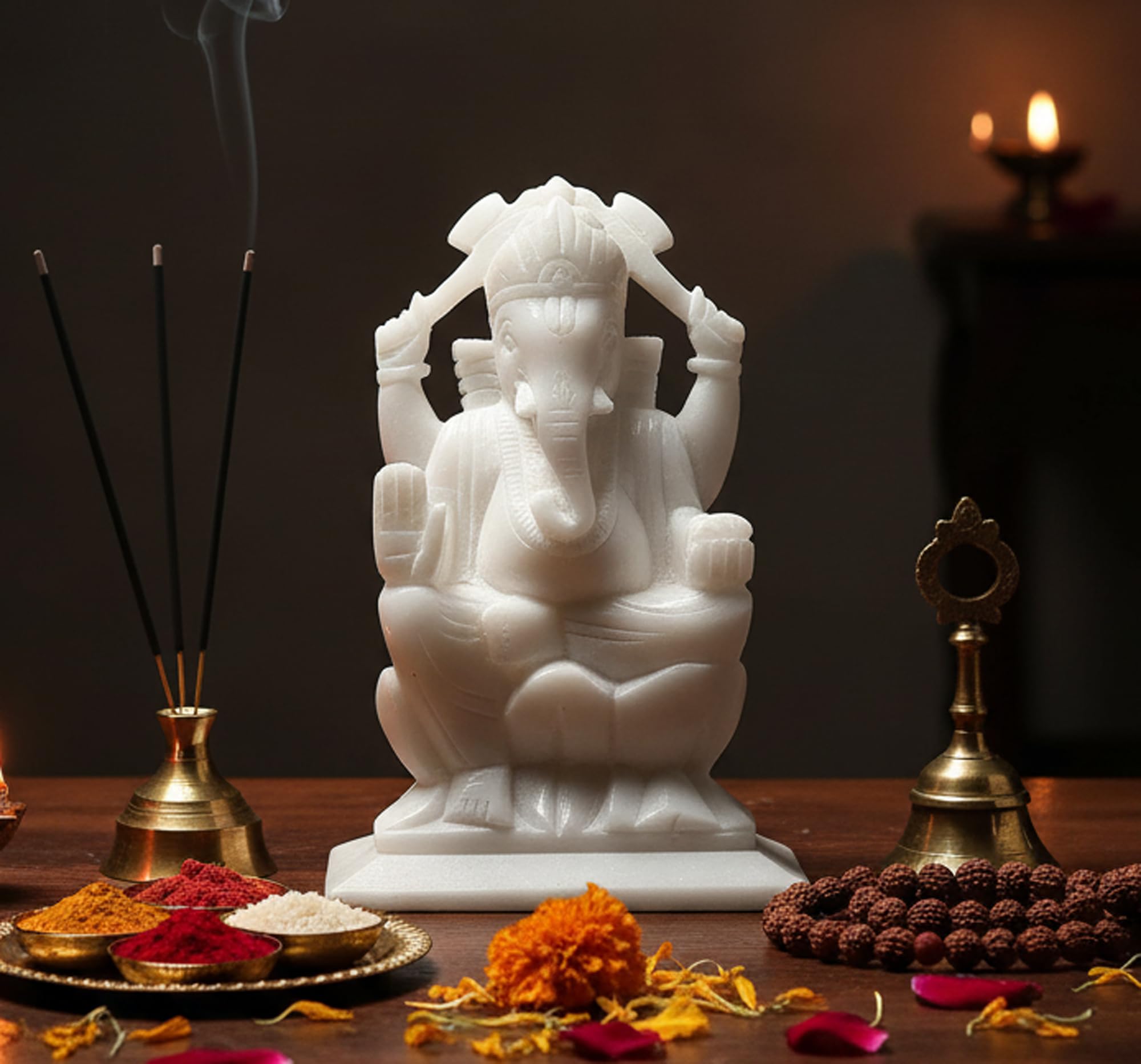 StonKraft Marble White Stone Pooja Puja Ganesh Ganesha Ganesh Murti Idol Statue Sculpture - Left side trunk - 6" Inches