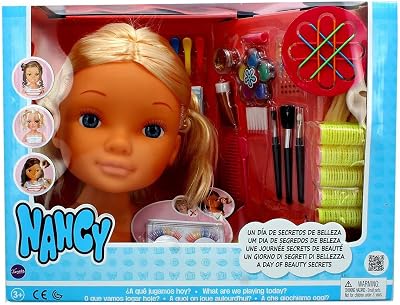 Un día de Secretos de Belleza Rubia, Busto de muñeca con el Pelo Largo para peinar y maquillar, con Accesorios de Belleza como peines, Brochas, Pestañas postizas o Pegatinas, Colores Surtidos
