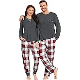SWOMOG Couples Pajama Set Long Sleeve and Plaid Pants with Pockets Pjs Soft Sleepwear Lounge Set
