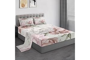 Pamnest Twin Size Bed Sheet Sets, Peony Vintage Red Rose Soft Microfiber 3 Pcs Bedding Sets for Kids and Adults Bedroom Bed Decor, Botanical Flower Flat, Fitted Sheet and Pillowcases