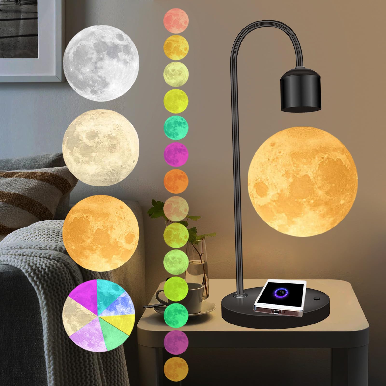 Photo 1 of ***MAJOR DAMAGE*** Floatidea Magnetic Levitating Moon Lamp 15W Fast Phone Charger Changeable 3 Colors Switchable 300 Million Gradient Colors 3D Moon Ball Levitation Floating Mood Light Christmas Gift Office Home Decor