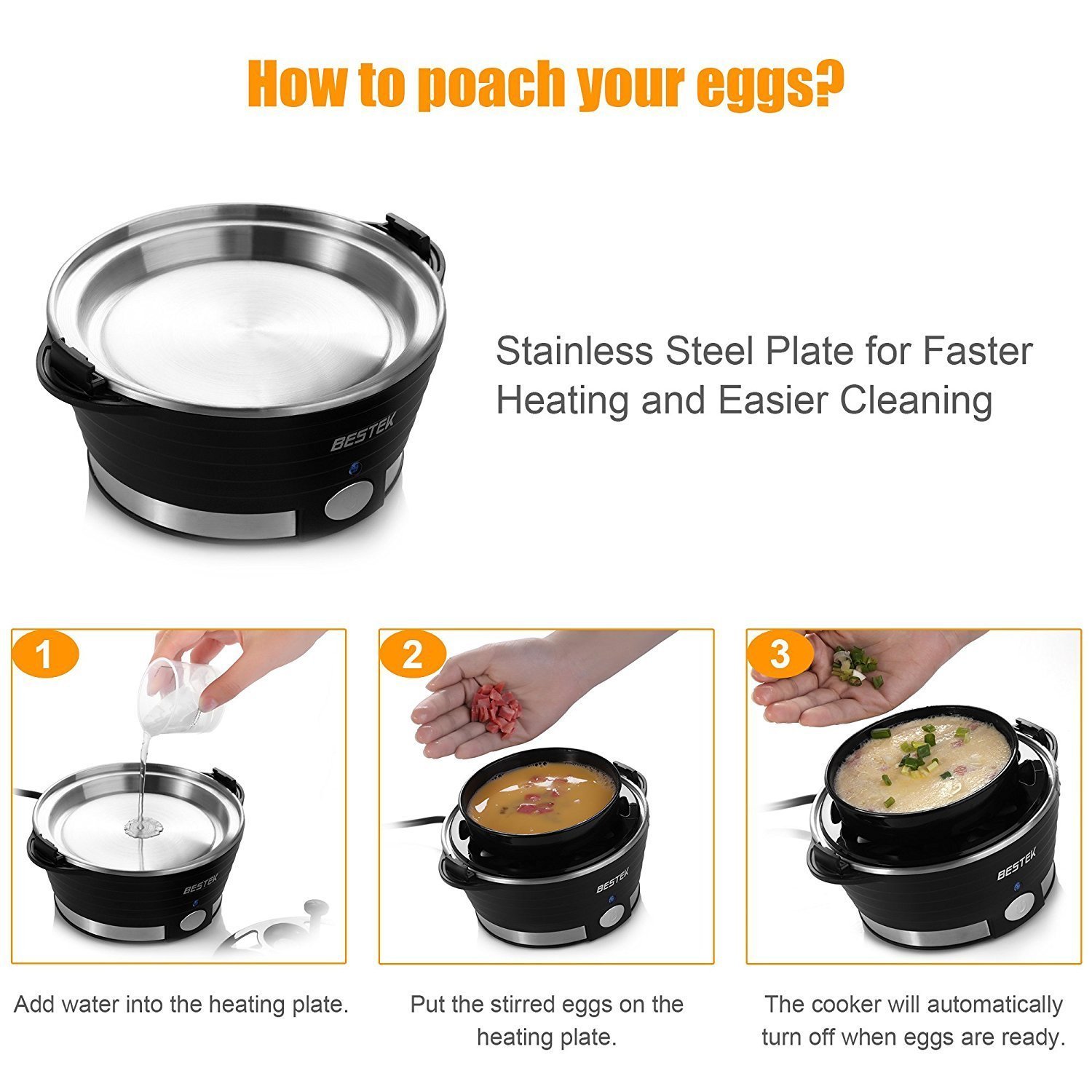 Egg Boiler, BESTEK Electric Egg Cooker, Poacher Eggs and Omelette Maker