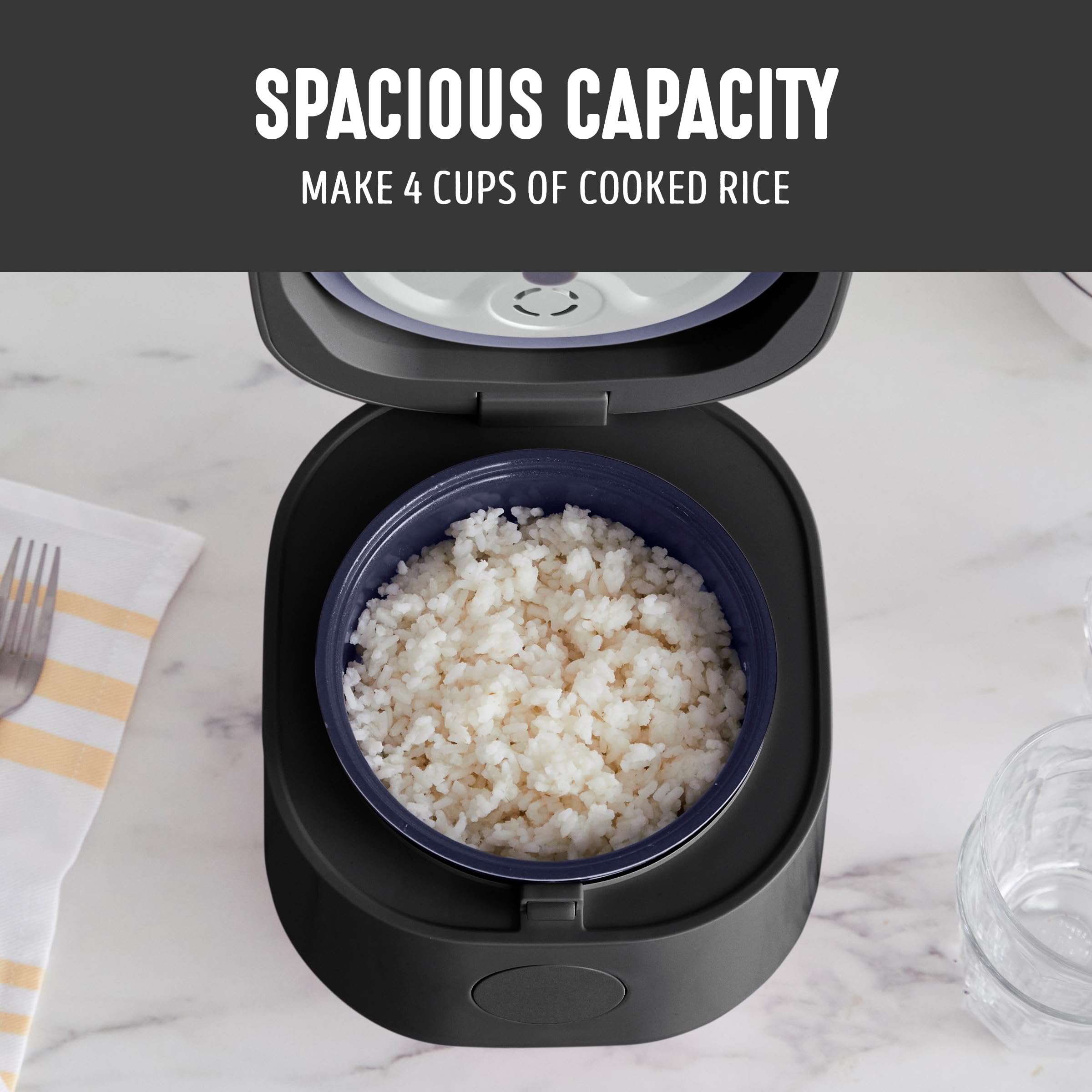 GreenLife Digital Rice Cooker, 2-Cups Uncooked/4-Cups Cooked, Removable Nonstick Ceramic PFAS-Free Pot, One-Touch Presets, Oats, Quinoa, Brown Rice, Auto Keep Warm, Fuzzy Logic Tech, 1.5QT, Black