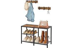 Gewudraw Coat Shoe Rack Bench Entryway - 3 in 1 Entry Bench Seat with Shoe Storage with Coat Hooks Wood Benches Metal Frame Small Shoes Shelf Organizer for Hallway Mudroom Bedroom