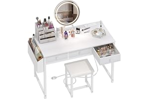 Lufeiya White Makeup Vanity Desk with Mirror and Lights, 40 inch Make Up Vanity Desks with Fabric Drawers & Power Outlet, Dressing Table and Chair Set for Girls Bedroom, White
