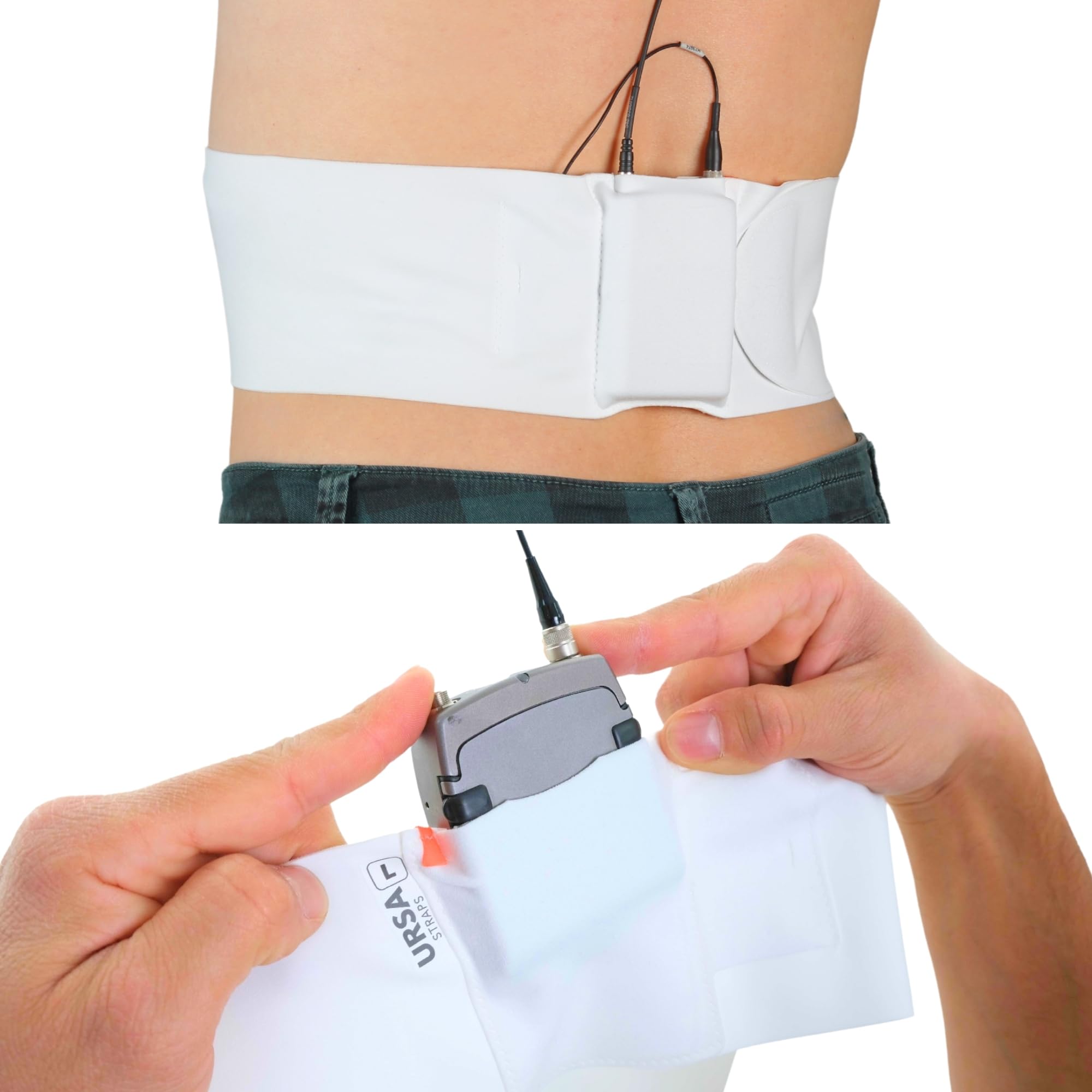 URSA Waist Strap - Ultra Slim, Breathable & Stretchy Microphone Transmitter Straps. Compatible with Most Transmitter/Receivers (White, Large Waist - Small Pouch)