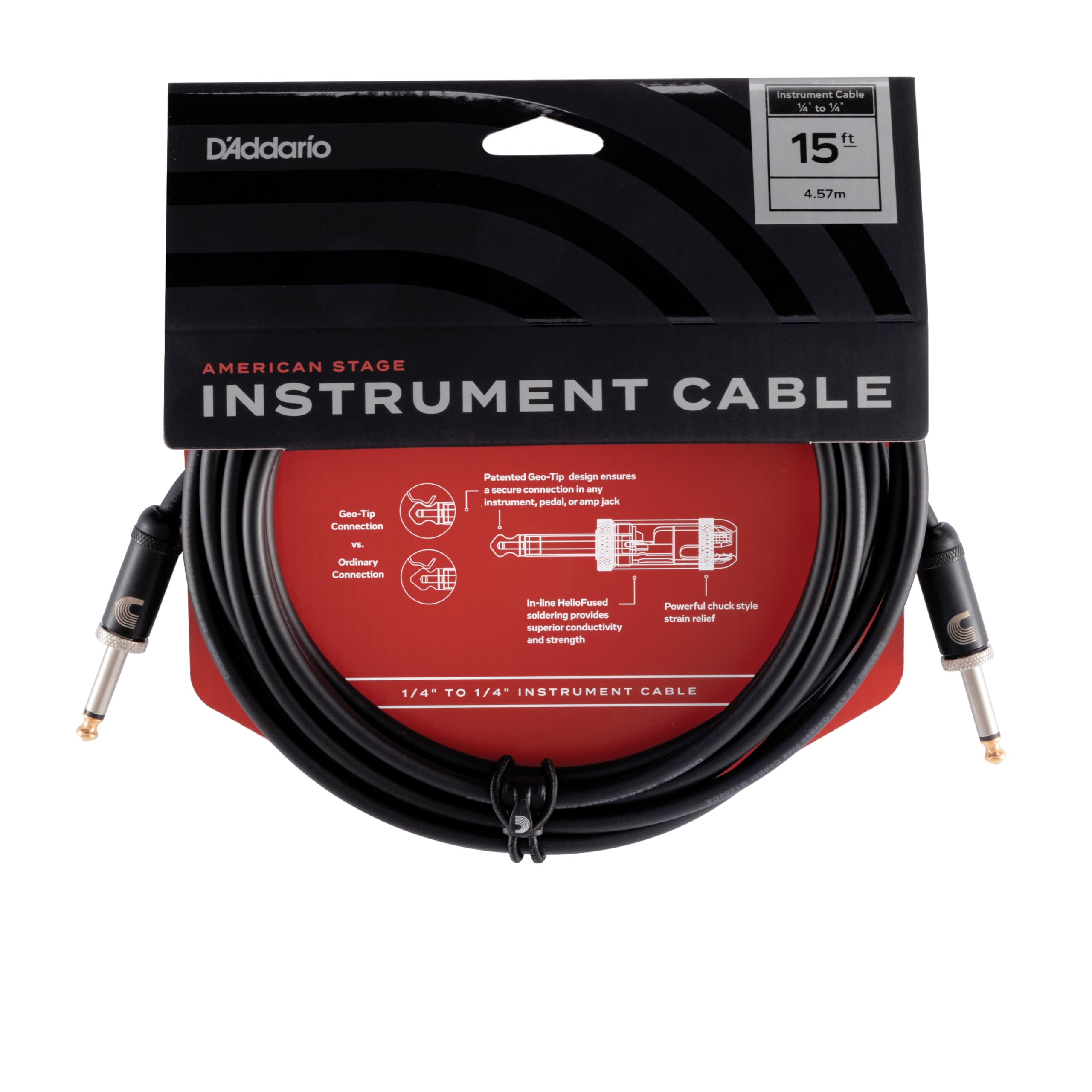 Planet Waves D'Addario Guitar Cable - Guitar Lead - Geo Tip for Secure Connection - 1/4 Inch Male to 1/4 Inch Male - 15 Feet/4.57 Meters - Straight Ends - 1 Pack
