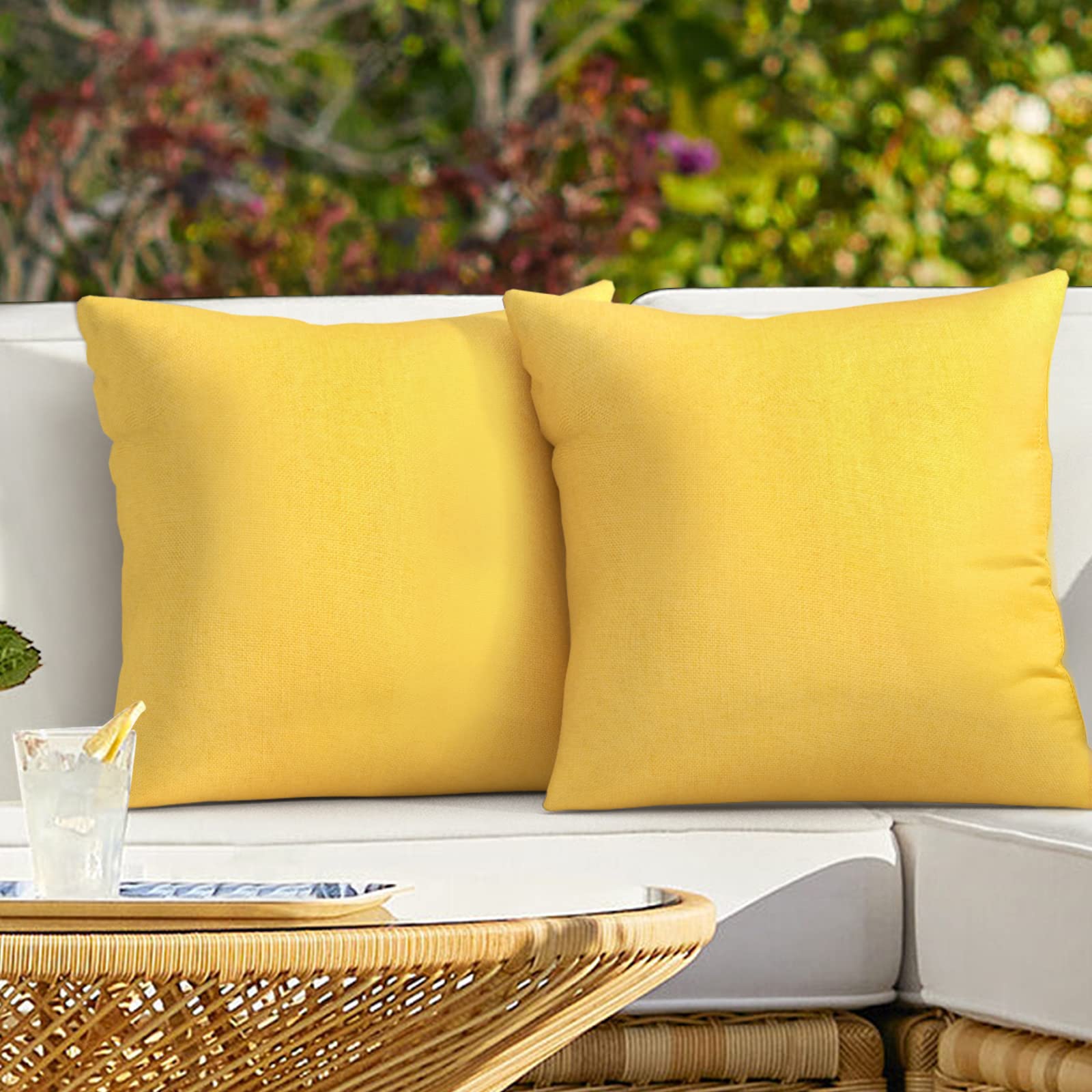 Photo 1 of ReeQuo Pack of 2 Outdoor Throw Pillow Covers,Decorative Solid Line Waterproof Pillowcases Farmhouse Cushion Covers for Garden Patio Sofa Home Decoration 18x18 Inch Yellow