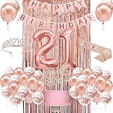 21st Birthday Decorations for Her, Happy 21st Birthday Banner, Crown, Sash, Cake Topper and Number Balloon, Rose Gold 21 Years Old Party Decorations for Her