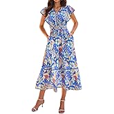 GRACE KARIN 2026 Summer Wedding Guest Dresses for Women Ruffle Sleeve Boho Midi Dress Smocked Flowy Floral Dress with Pocket