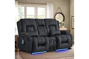 SENIFIS Power Loveseat Recliner, Velvet Home Theater Seating with Massage & Heating, 2 Seater Recliner Sofa Chair for Living Room with LED Light, Bluetooth Speaker, Cup Holders (Velvet Grey)