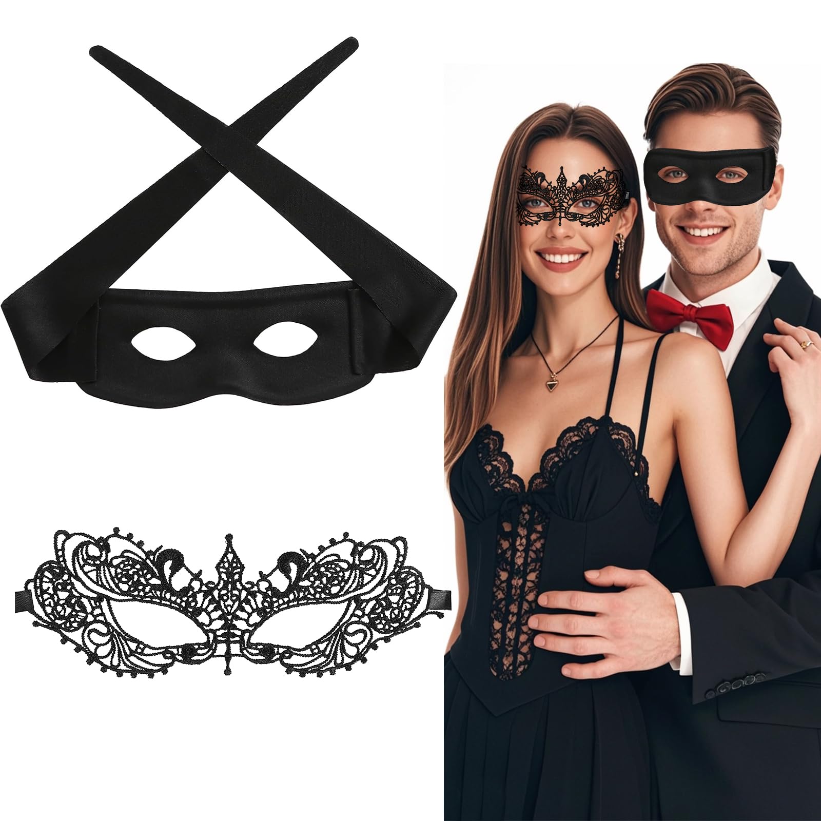 Couple Masquerade Mask, 2 Pack Black Masquerade Masks for Couples Masquerade Ball Masks Venetian Party Masks Mardi Gras Mask Halloween Costume Carnival Mask for Couples Women Men