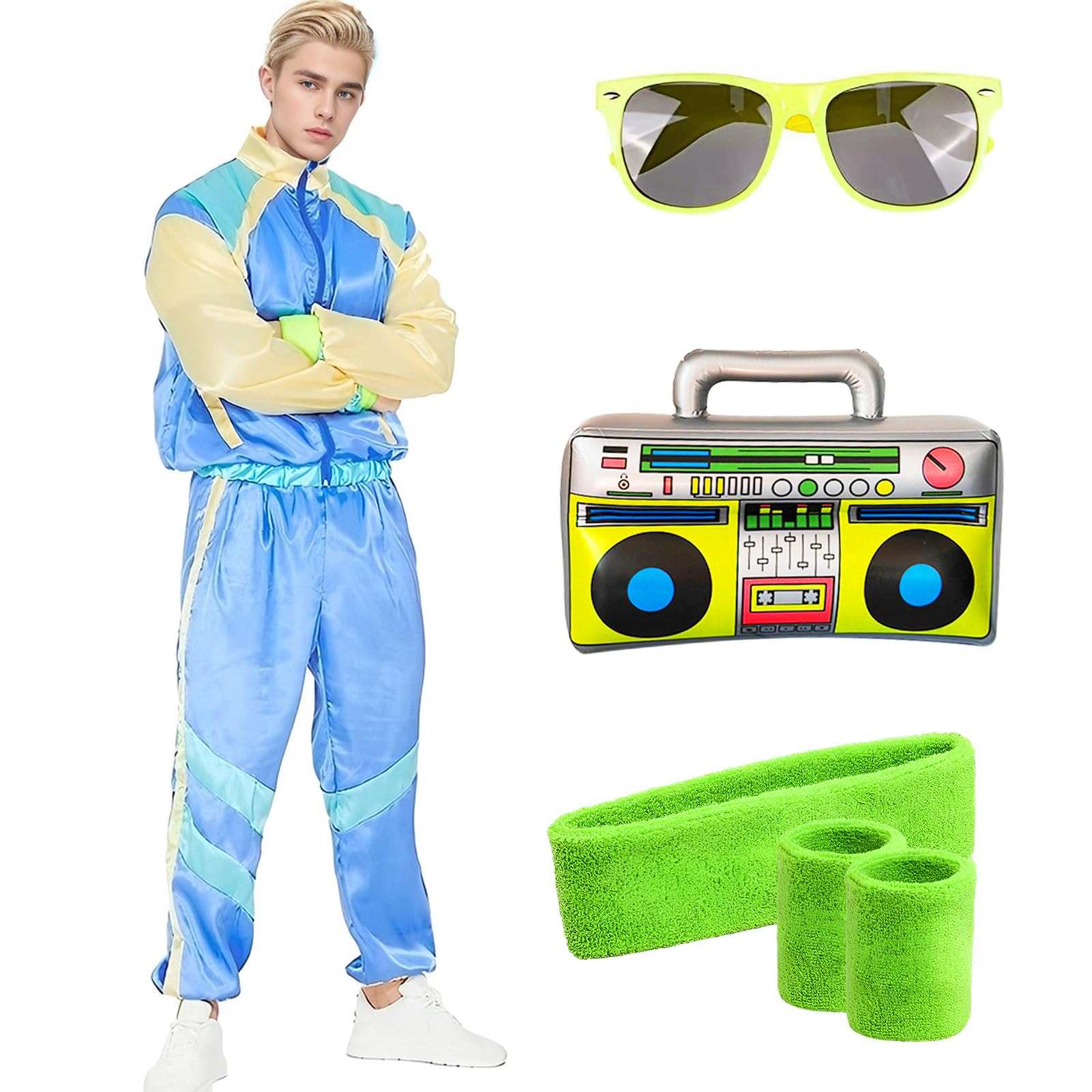 HarnyLoom 80s 90s Fancy Dress Costume Men Women Adults, Shell Suit Rave Tracksuit Outfit Retro Jacket Hip Hop Rapper Disco Neon Accessories Carnival Halloween Party (Blue, 2XL)