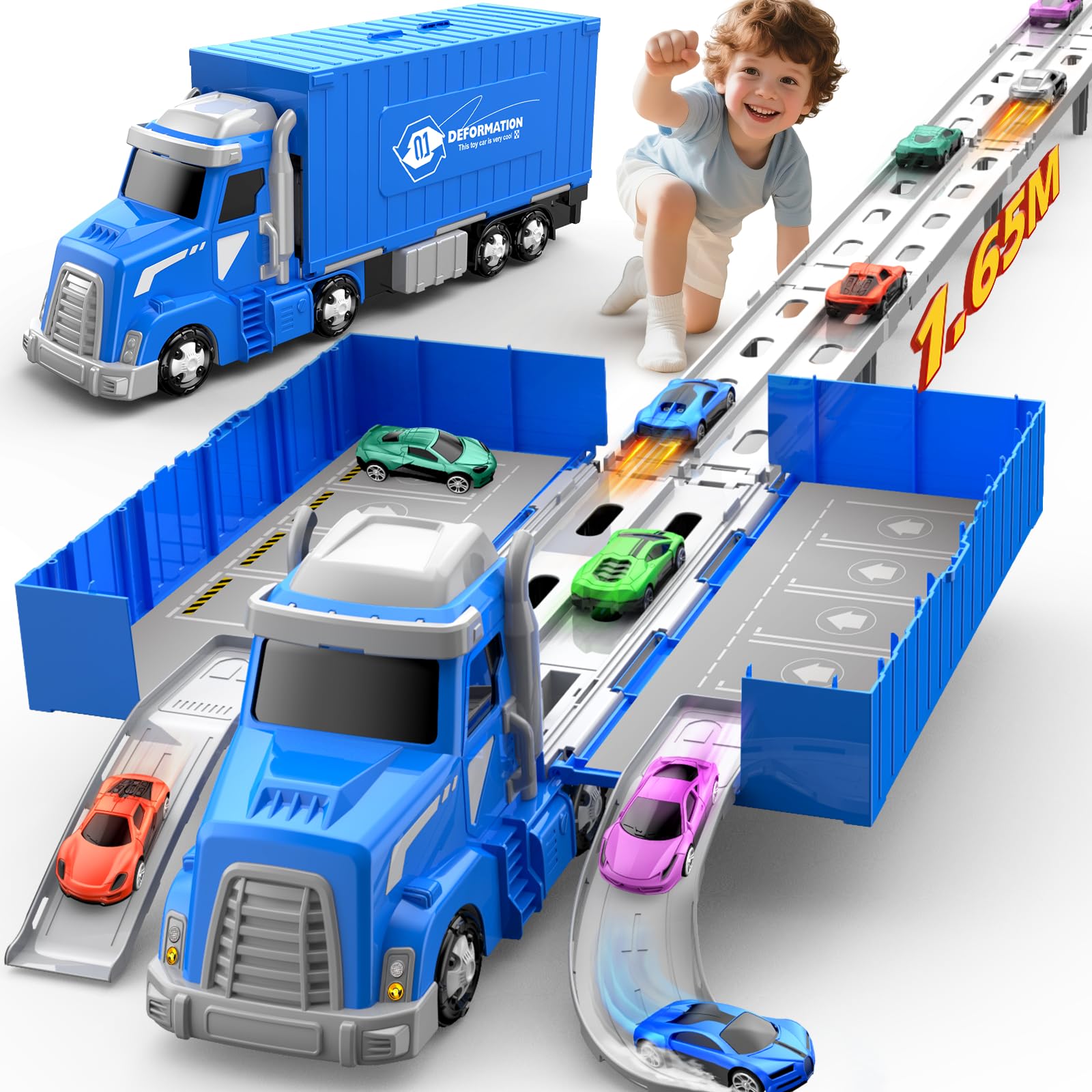 maysida Transport Trucks Toys with 6 Race Cars for Boys, Portable Truck Car Track/Car Garage/Box Truck 3-in-1 Carrier Trucks, Birthday Carrier Vehicles Toy Set for Kids Age 3 4 5 6 Year Old Boys Girls