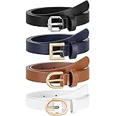 JASGOOD 4 Pack Women Skinny Leather Belt for Dresses with Gold Buckle Ladies Thin Waist Belt for Jeans Pants,Brown+Blue+Black+White