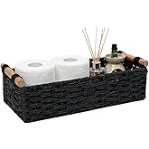 Back of Toilet Basket, Black Toilet Tank Basket for Toilet Paper Storage (Holds 2 Rolls), Paper Rope Wicker Storage Bin with Wooden Handles for Toilet Top, Over Toilet Shelf, Bathroom Counter