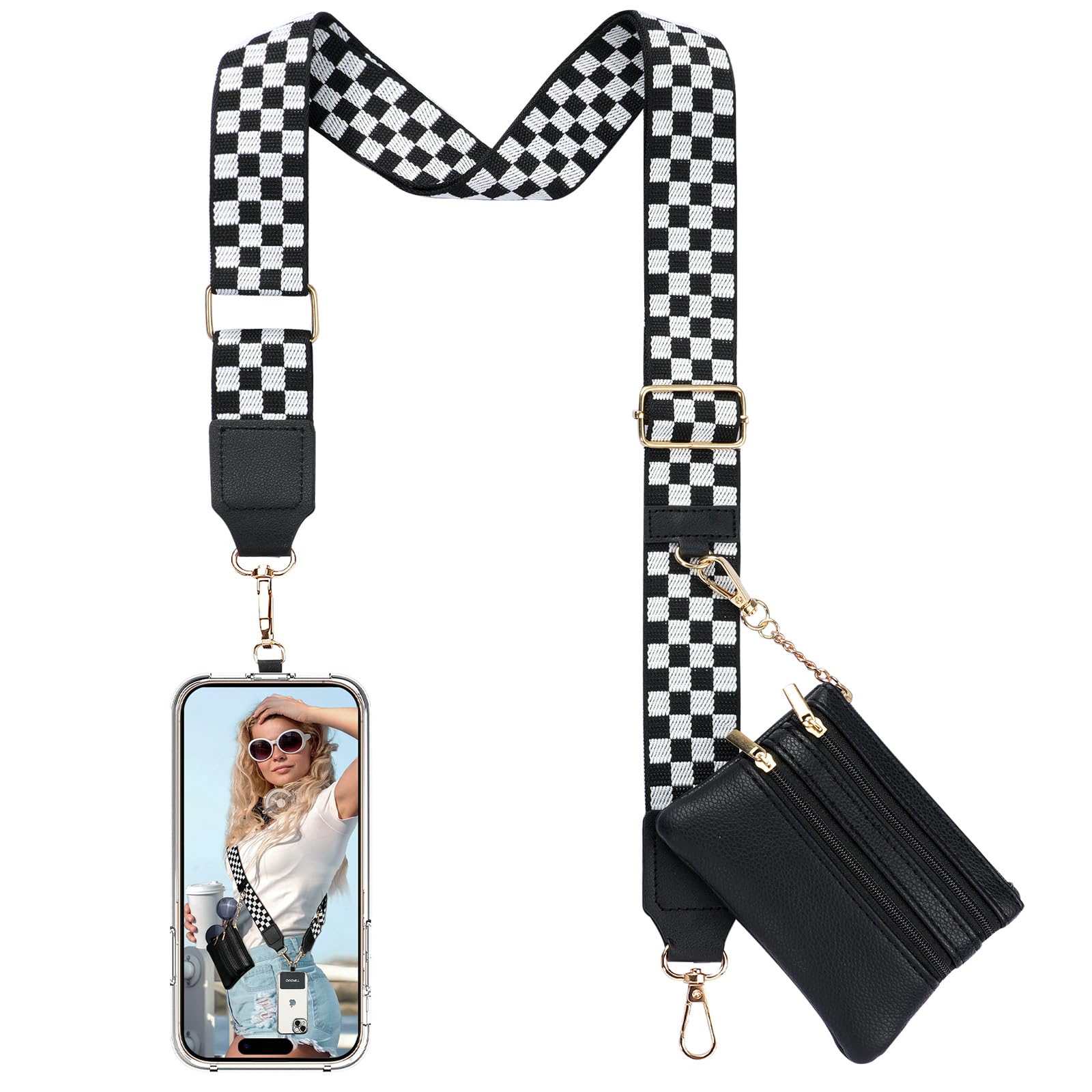 TiMOVO Clip and Go Phone Strap Crossbody with Leather Wallet, Adjustable Anti-Theft Phone Lanyard with Zippered Pouch, Universal Cell Phone Neck Lanyard for All Phone Cases, Checkered Black & White