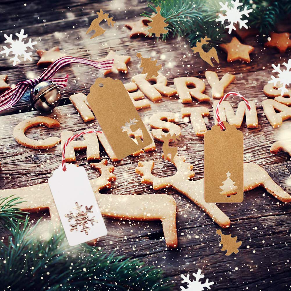 HAKACC Weihnachten Etiketten Anhänger, 150 Stück Geschenkanhänger Kraftpapier Tags Anhängeschilder mit Schnur für Dekorieren von Weihnachtsbaum, handgemachte Arbeit