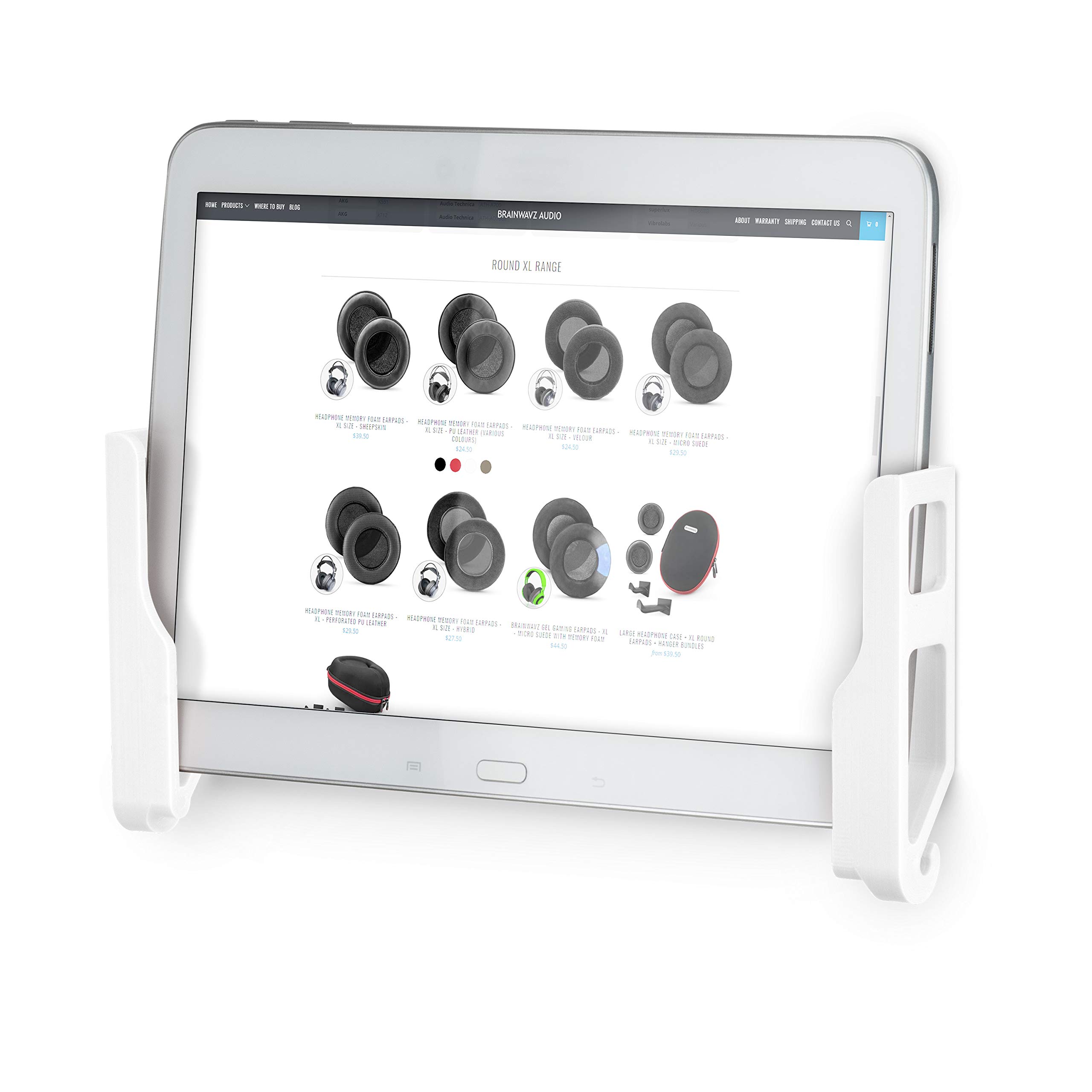 BRAINWAVZ Universal Tablet Wall Mount Dock Holder for iPad Air Mini & Pro, Galaxy Tab Note, Surface & iPhone, Pixel & More, Stick On 3M VHB, No Screws (White)