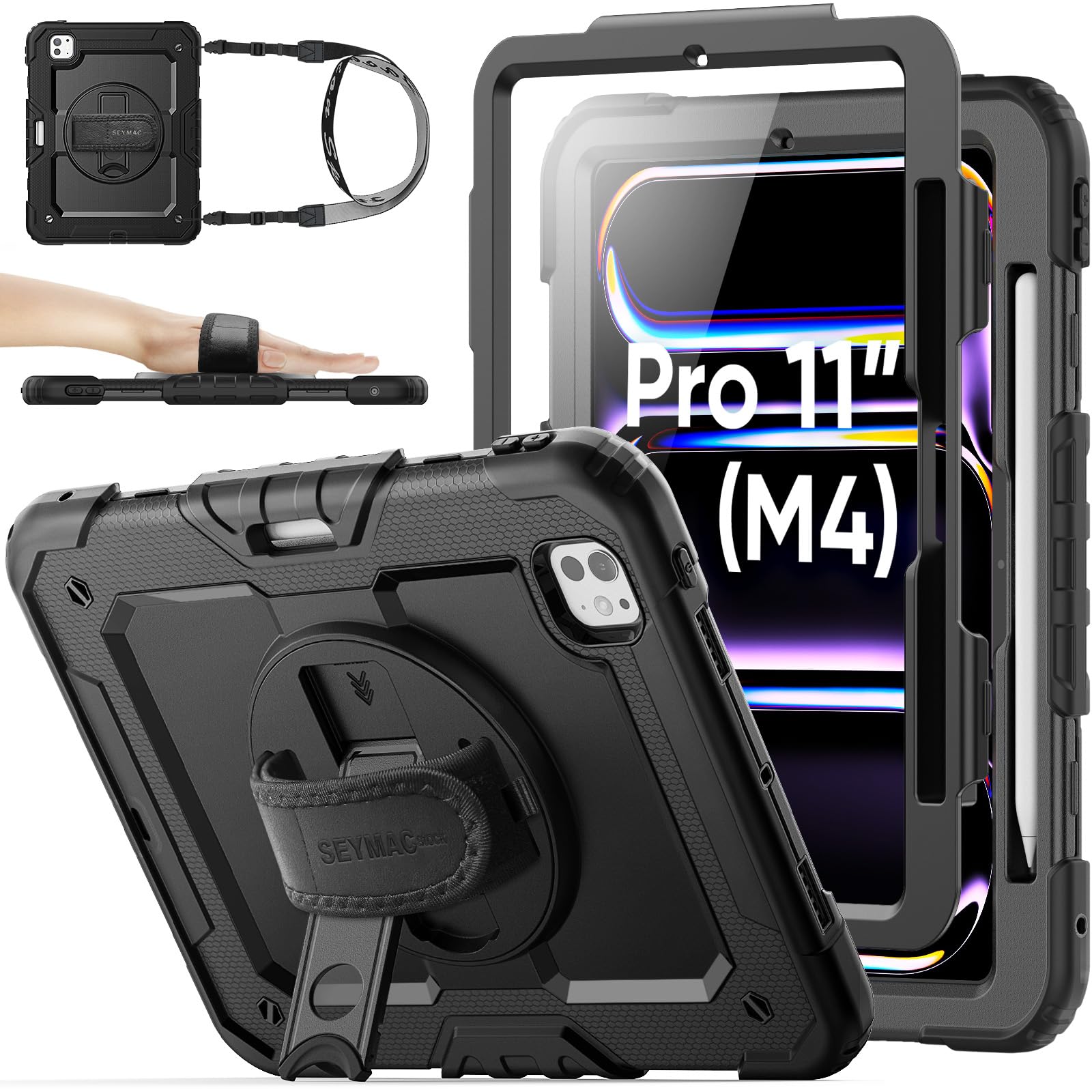 Photo 1 of SEYMAC stock Case for iPad Pro 11 inch Case 2024 (M4), Shockproof Protective with Pencil Holder, Screen Protector, 360° Rotate Stand, Adjustable Hand Strap, Shoulder Strap, Black