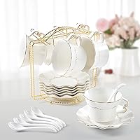 DUJUST Tea Cups and Saucers Set of 6 (7 OZ), Luxury Tea Cup Set with Golden Trim, Relief Printing Coffee Cups with Metal Stan