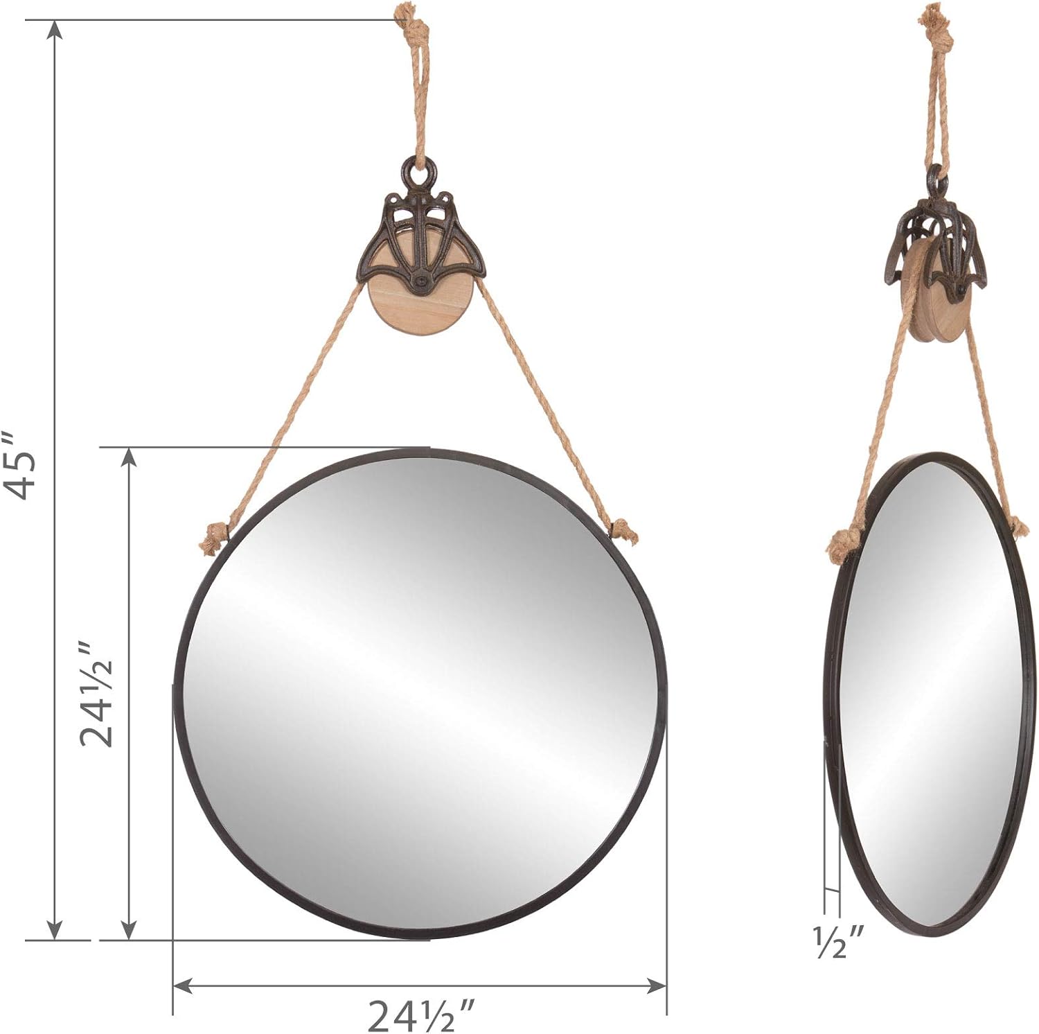 Patton Wall Decor 24" Round Metal Hanging Rope and Antique Pully Wall Mounted Mirrors, Black: Home & Kitchen