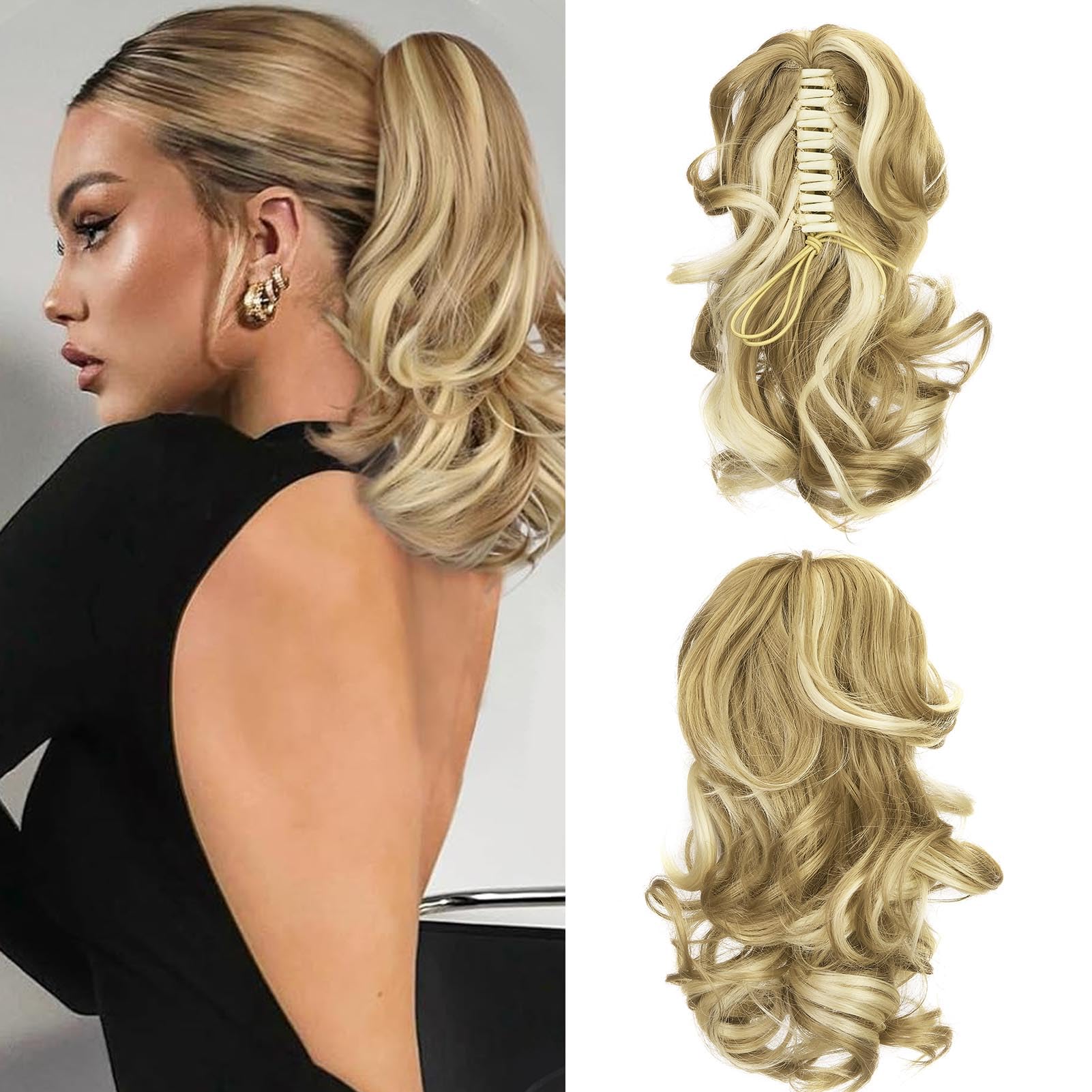 Cybelleza 14 inch Ponytail Hair Extension Curly Wavy Claw Jaw on Long Short Cute Pony Tails Clip in Hair Extensions Ponytail Hairpieces Synthetic for Women, Sandy Blonde & Bleach Blonde