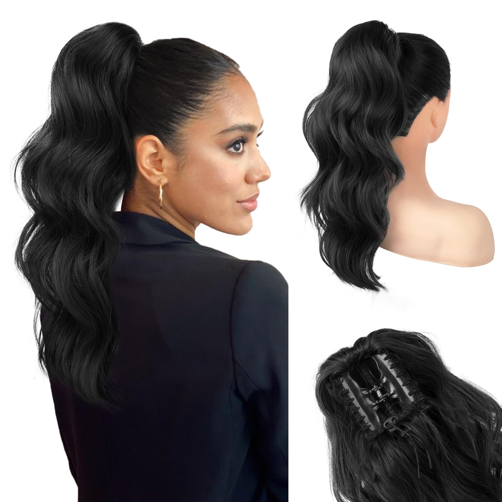 Photo 1 of HOOJIH Clip in Ponytail Extension, Ponytail Extension 18 Inch Hair Ponytail Extension Wavy Ponytail Fluffy Soft Clip on Ponytail Synthetic Fiber Ponytail Hair Pieces for Women - Black