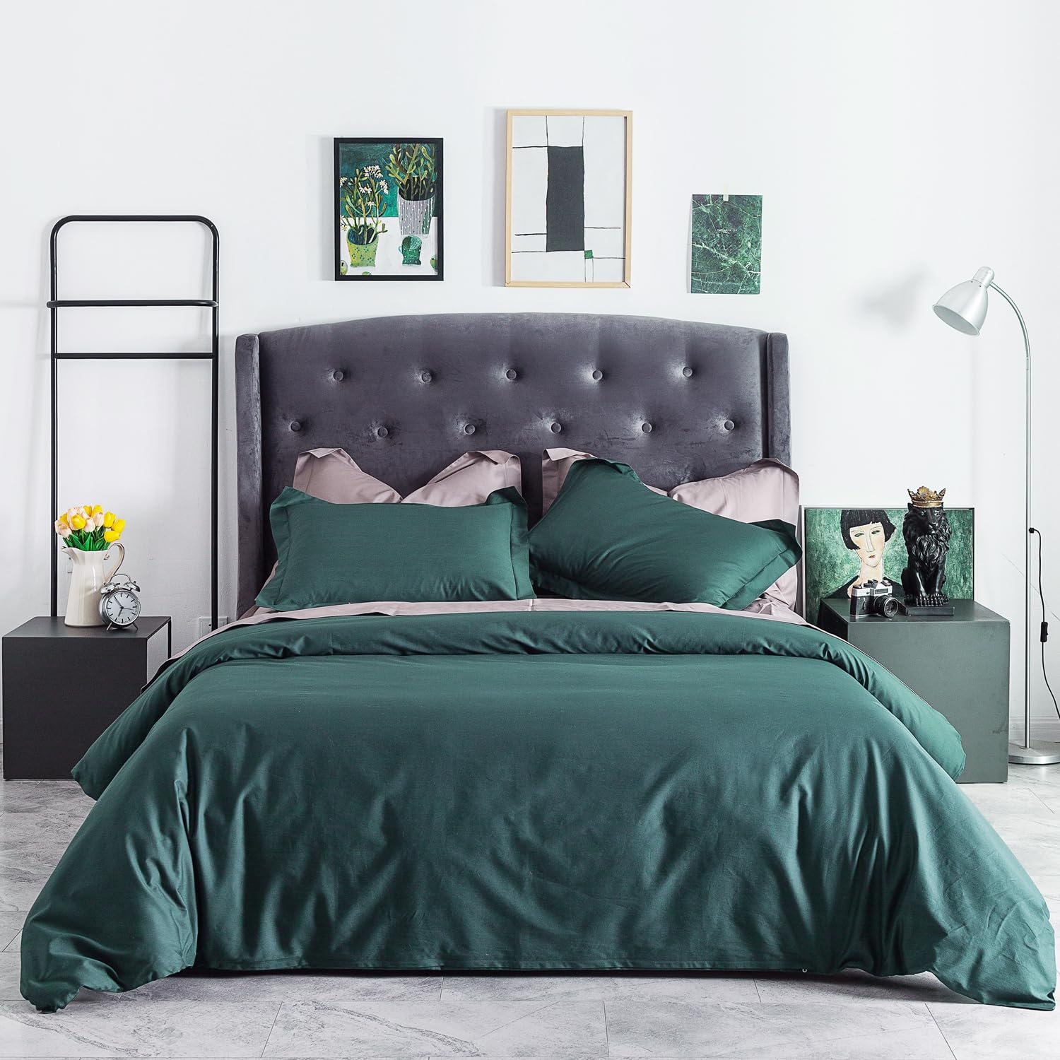Photo 1 of SUSYBAO Emerald Green Duvet Cover Queen 100% Cotton 3 Pcs Set 1 Vintage Dark Green Duvet Cover with Zipper Ties 2 Pillow Shams Hotel Collection Forest Green Bedding Set Soft Breathable