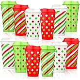 Vesici 12 Sets Christmas Reusable Coffee Cups with Lids 16 oz Plastic Tumblers Christmas Party Supplies Red and Green Polka Dot Striped Xmas Coffee Mugs Thank You Gifts for Hot Cold Drinks Tea Holiday