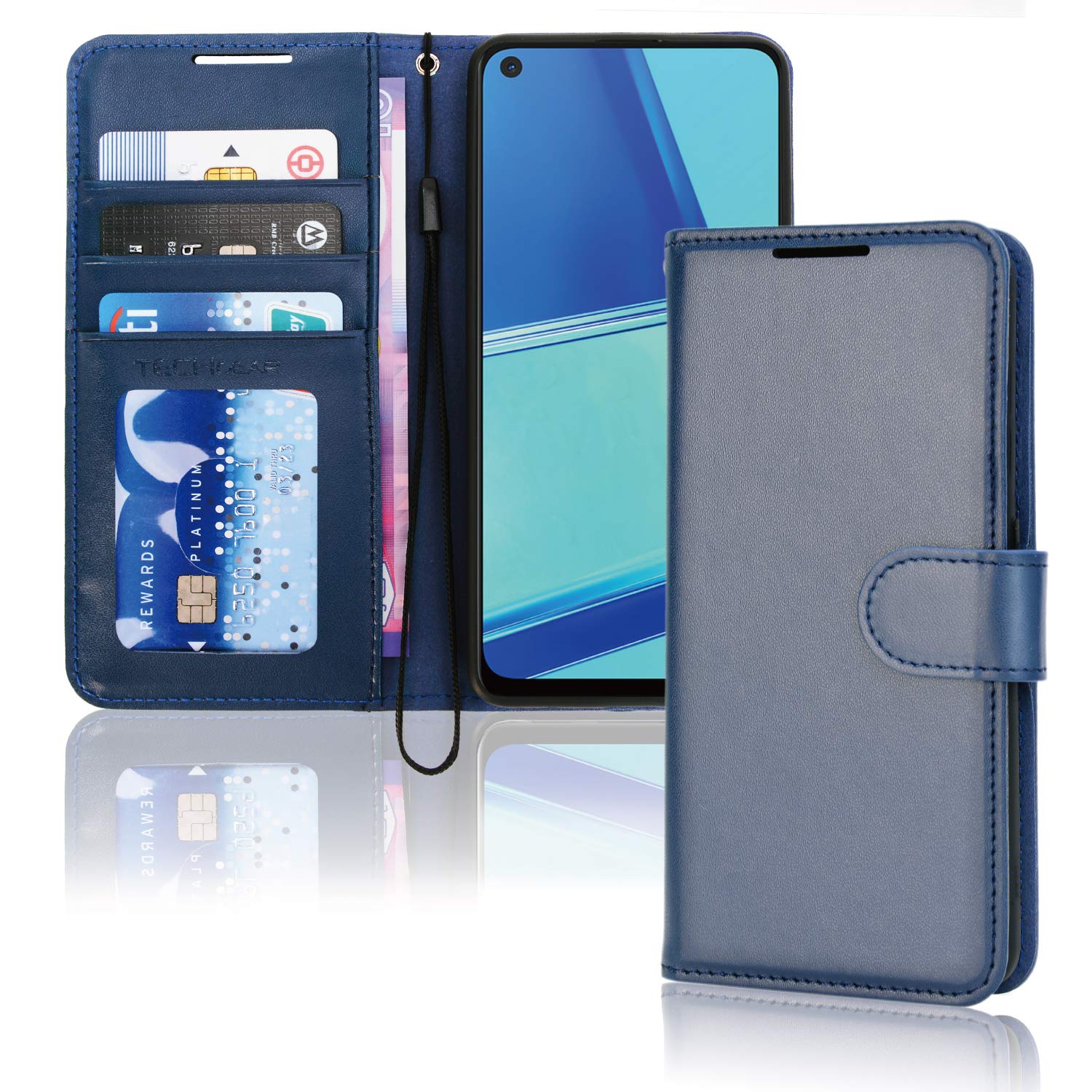 TECHGEAR Leather Wallet Case for Oppo A72 / A52 / A92, Flip Protective Case Cover with Wallet Card Holder, Stand & Wrist Strap - Blue PU Leather with Magnetic Closure
