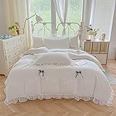 MOOWOO Chic Lace Ruffled Bedding Set with Cute Bowtie,Girls Vctoria Princess Style Bedding-2 Piece Twin Duvet Cover with Zipper Closure -Ultra Soft and Light Weight-No Comforter