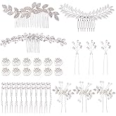 Cinaci 41 Pack Sparkly Silver Rhinestone Leaf Flower Pearl Bridal Hair Side Combs+U-shaped & Twist Hair Pins Clips Barrettes Wedding Headpieces Accessories for Women Girls Brides Bridesmaids