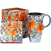 Topadorn Ceramic Coffee Mug Travel Cup Gift with Lid 17oz., Porcelain Tall Tea Cup with Handle for Home & Office, Orange Flower Art Pattern Mug in Gift Box, 6.5" H