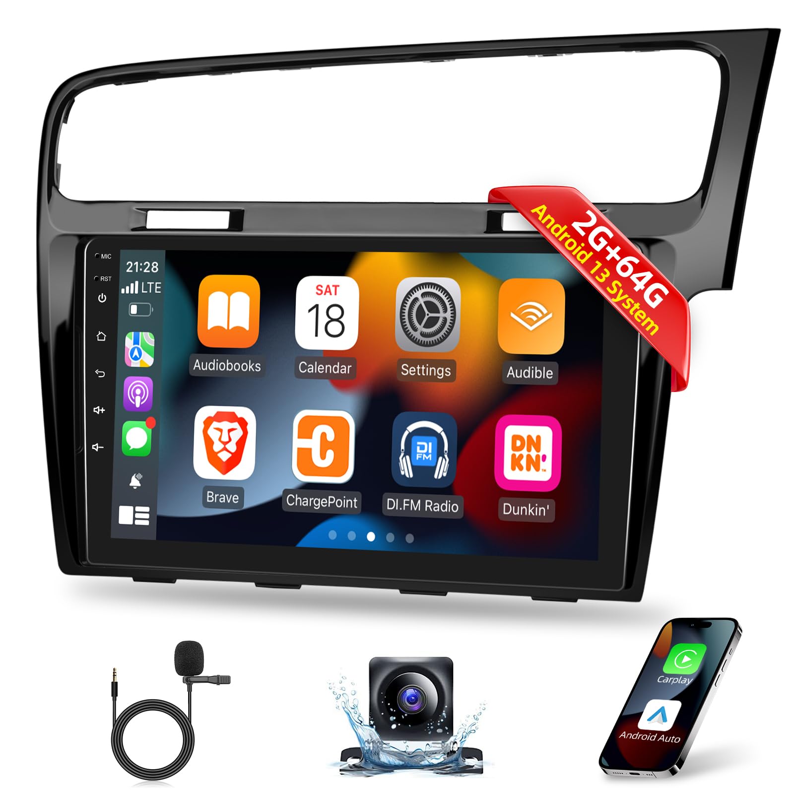 for 2013-2018 Volkswagen VW Golf Radio, [2G+64G] 10.1 inches Touch Screen Golf Android Car Stereo, Carplay/Android Auto/1080P/DSP EQ Audio/Bluetooth + Backup Camera