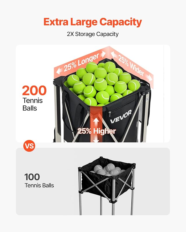 Panier à Balles de Tennis avec roulettes, Capacité de 200 Balles, Chariot Pliable Ramasse-Balles en Acier INOX, Panier Portable pour Entraînement de Tennis et Pickleball, avec Sac de Rangement