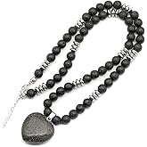 ElisaJewelryArt - Natural Amethyst Heart Pendant Black Lava Stone Beaded Necklace Genuine Gemstone Feng Shui Stone Clasp Closure Necklace Unisex Necklace