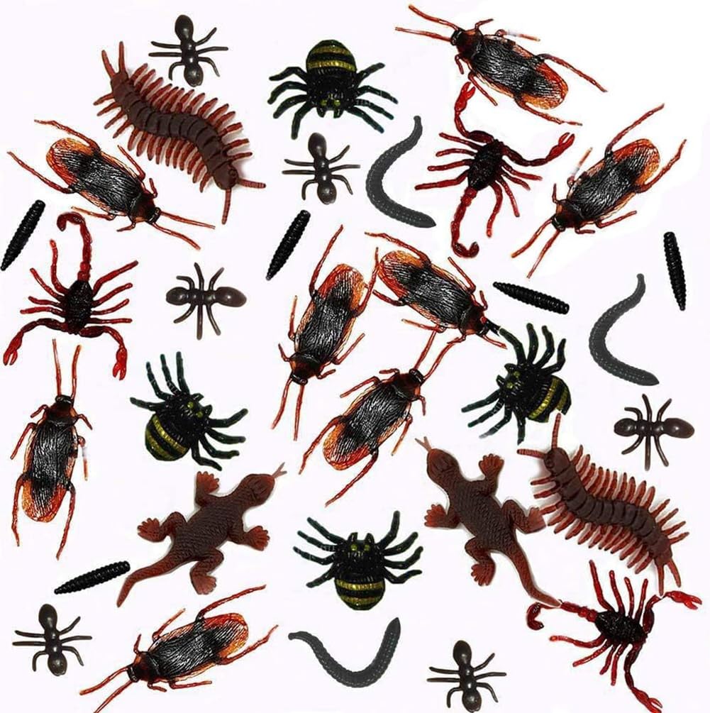 MAKFORT 100Pcs Plastic Realistic Bugs Insects Fake Cockroaches, Spiders, Scorpions, Ants,Geckoes,Centipedes and Worms for Halloween Party