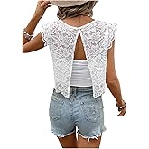 GORGLITTER Women's Boho Tank Floral Lace Open Back Sheer Backless Cap Sleeve Trendy Dressy Blouse Tops