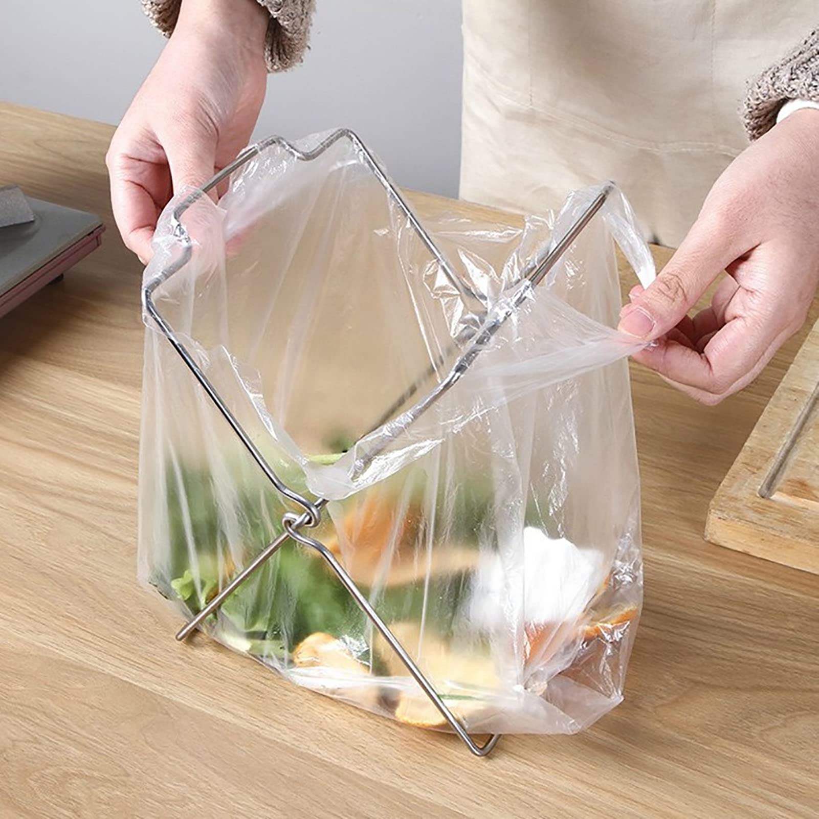 Foldable Stainless Steel Garbage Bag Rack, Desktop Trash Bag Holder, Metal Stand Dish Cloth Holder, Home Kitchen Countertop Trash Bag Bracket Organizer Dishcloth Towel Rack, Garbage Bag Support Stand