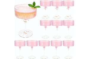 12Pcs Detachable Plastic Martini Glasses 10oz Reusable Clear Pink Vintage Ribbed Coupe Glasses Wedding Party Toasting Cups Un